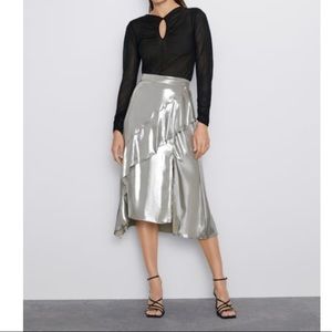 Zara Metallic Silver Midi Skirt